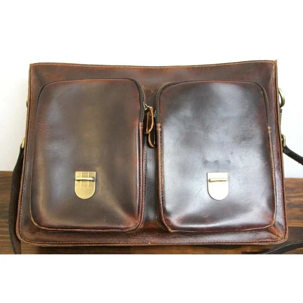 NATURAL WAX BROWN HEAVY GENUINE LEATHER BUSINESS SHOULDER BAG ATTACHE BRIEFCASE - Picture 8 of 11